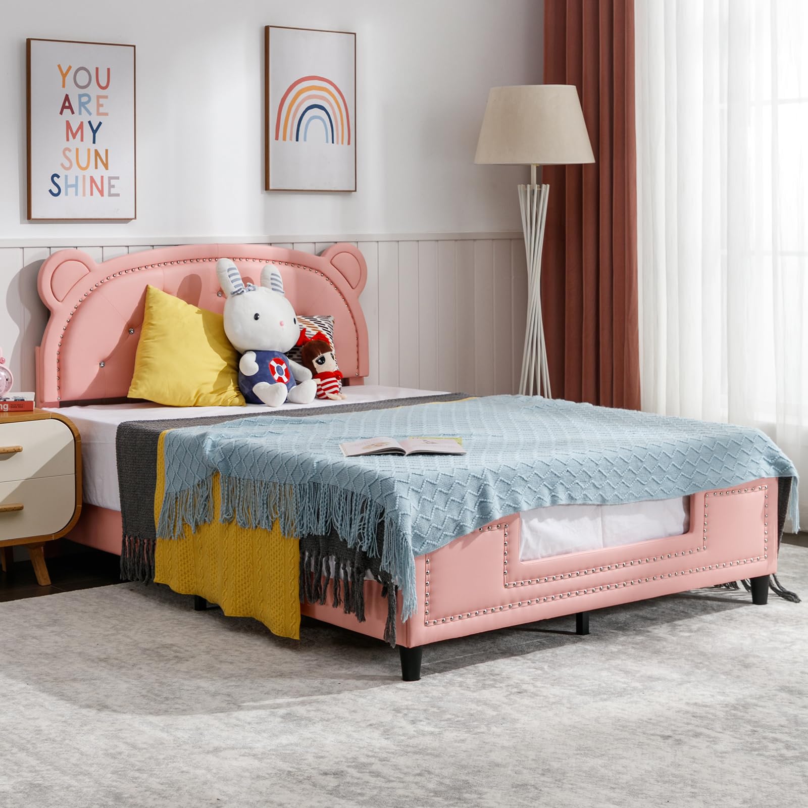 PUREMIND Twin Bed Frame for Kid, Girl Pink Children Platform Bed, Kid Bed Frame with Bear Shaped Headboard, Faux Leather Upholstered, Rivet Decoration, Wood Slats, No Box Spring Needed-Bear Twin