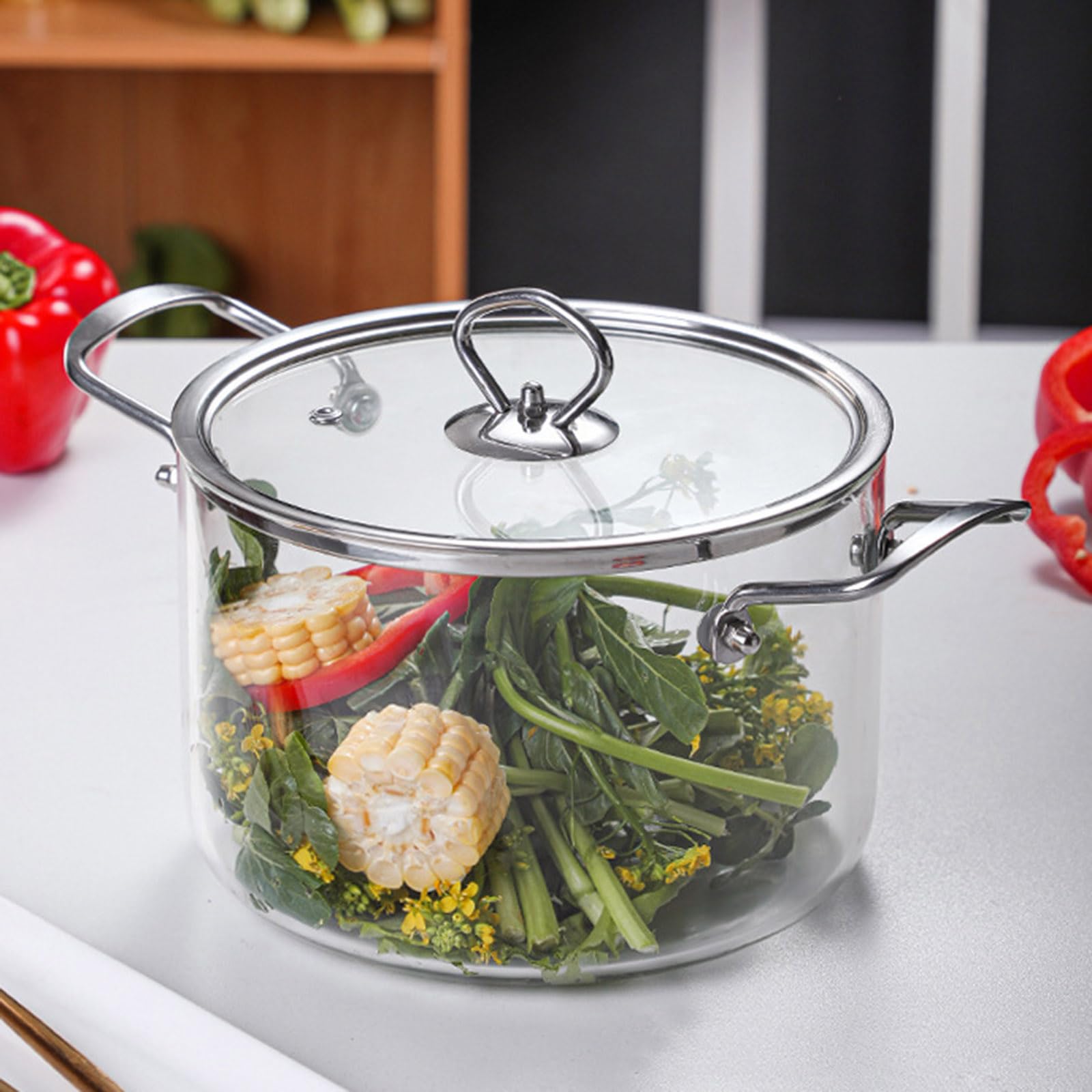 Hgjgwqh Clear Glass Pot for Cooking Large Glass Saucepan with Cover on Stove Big Glass Simmer Pot with Stainless Steel Handle Stovetop Cooking Pot Glass Cookware Pot for Home Kitchen Restaurant,4.5L