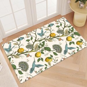 lemon tree hummingbird area rug,yellow/green flower pattern door mat,vintage farmhouse floor carpet,washable non-slip small area rug for entryway bathroom living room,24x36inch