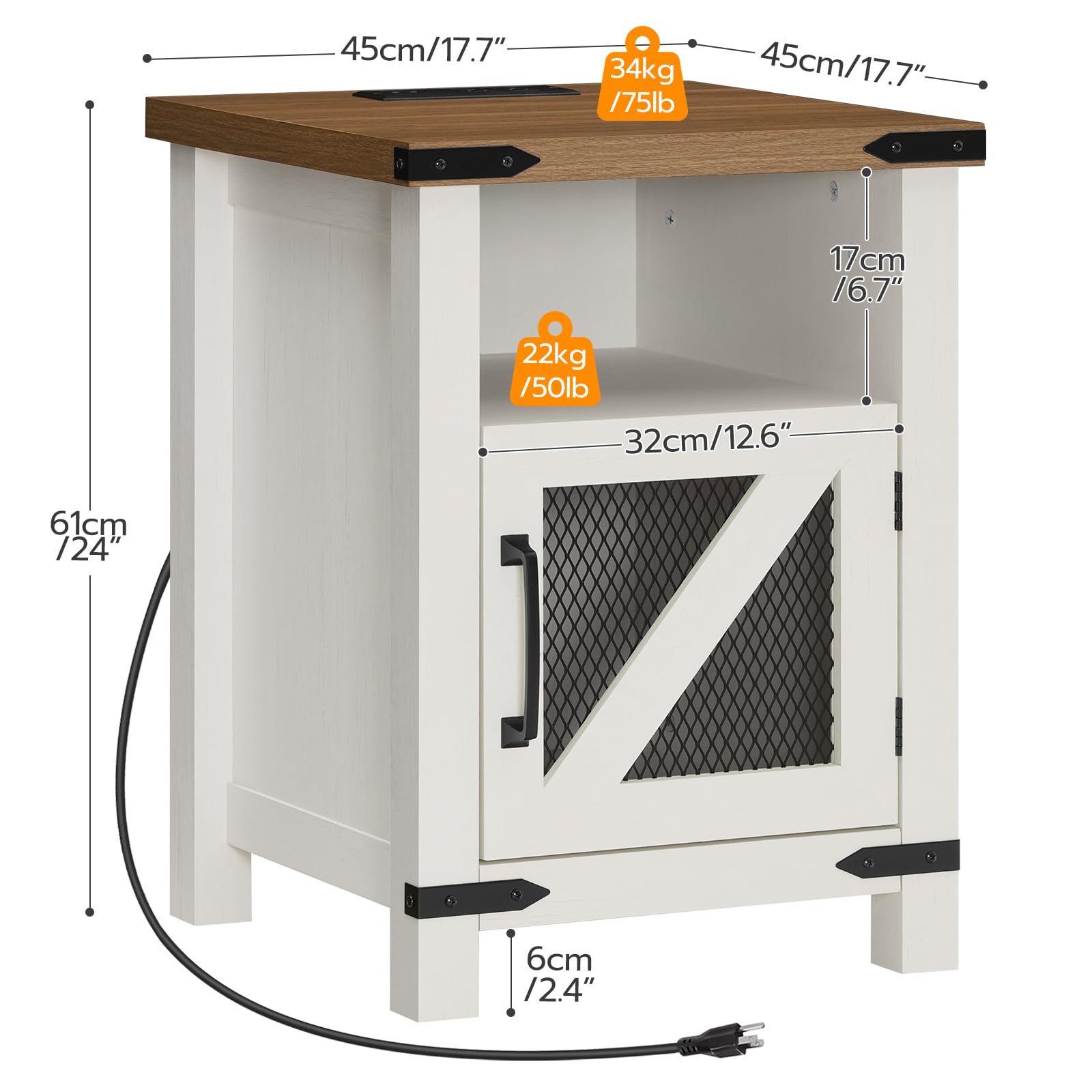 HOOBRO Farmhouse Nightstand with Charging Station, 18“ End Table with Barn Door Storage Space, Wooden Side Table with Outlets and USB Ports, Night Stand for Bedroom, Office, Antique White WH175UBZ01