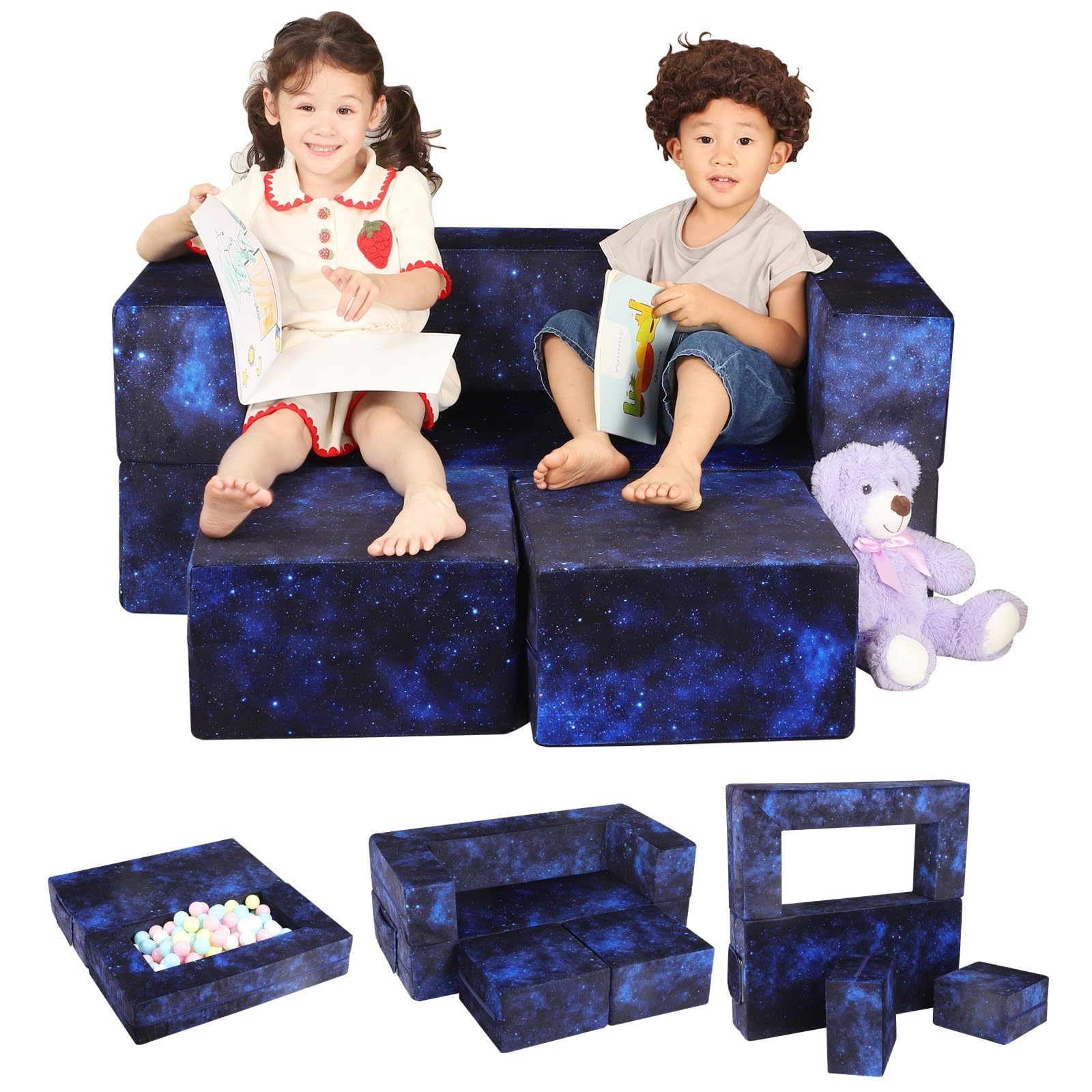 MOMCAYWEX 3pcs Kids Play Couch for Toddler, 3-in-1 Kids Couch Fold Out, Imaginative Kids Couch Play Set, Dark Blue Universe