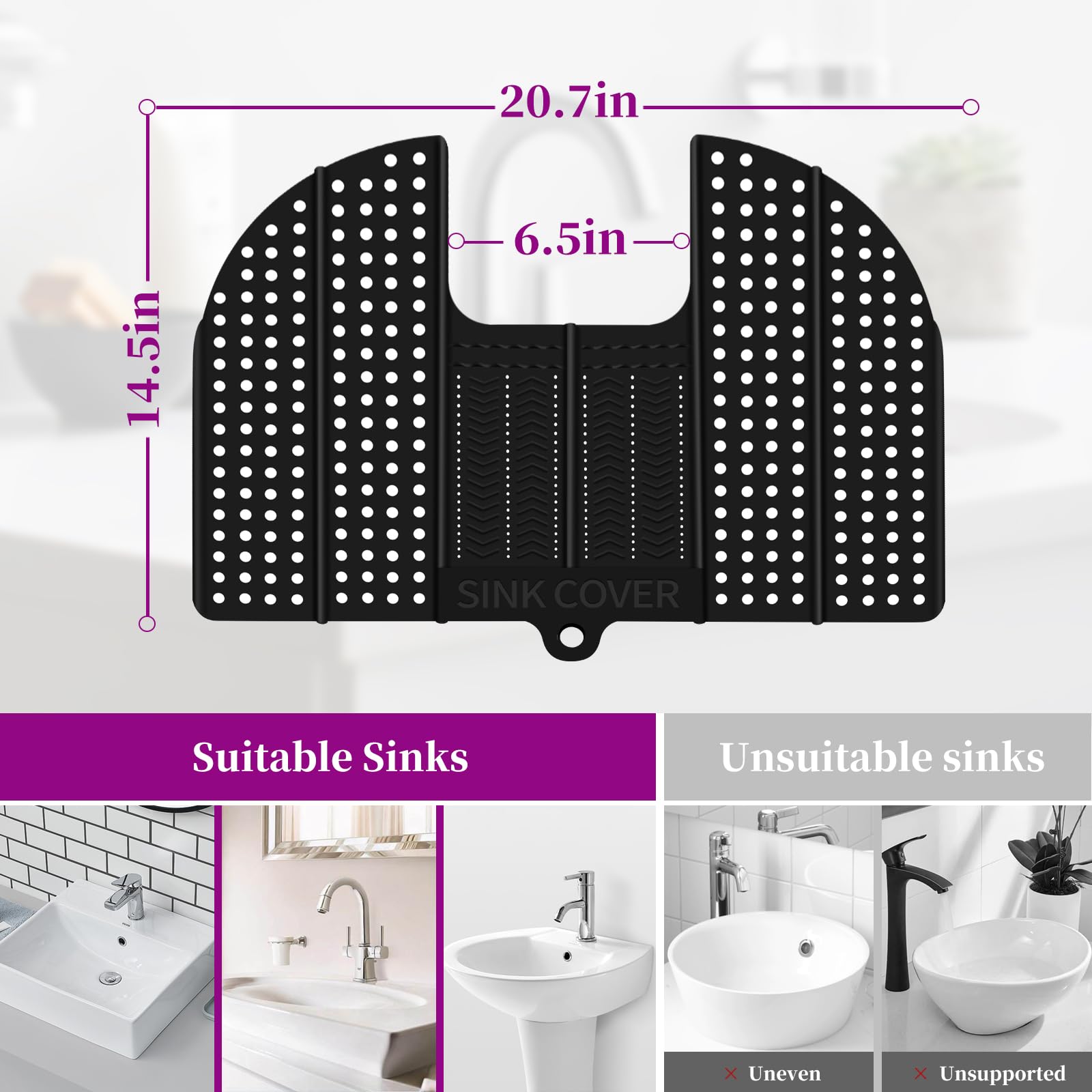 Bathroom Sink Cover for Counter Space Makeup, Foldable Silicone Sink Mat with Hanging Loop, 20.7" x 14.5" Black Heat Resistant Makeup Sink Cover Mat, Bathroom Sink Organizer Countertop for Space Saver