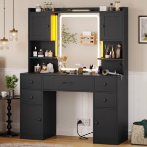 tiptiper large makeup vanity desk with mirror and lights, vanity table with charging station & time display & ambient light, makeup table with drawers & storage cabinets, black