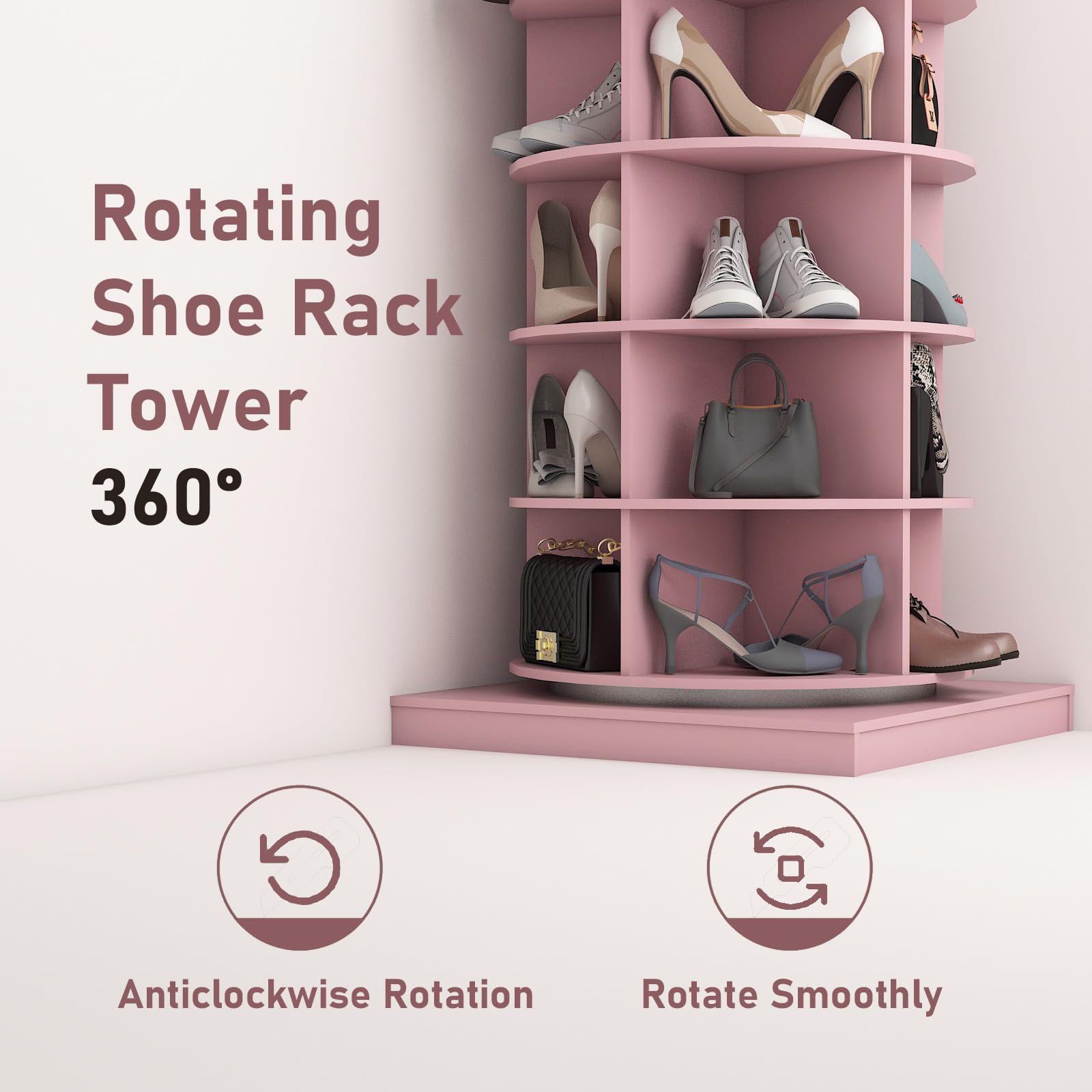 Dithoko Rotating Shoe Rack, 7-Tiers Storage Shoe Rack Tower, Free Standing 360°Shoe Storage Organizer Shoe Rack for Entryway Living Room Hallway (Pink, 7-Tiers)