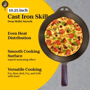 COOKLIFE 10.25 Inch Smooth Pre-Seasoned Round Cast Iron Skillet with Handle Cover, Frying Pan with Long Handle - Use in th Oven, Over a Campfire Fire or on the Stovetop, Induction, Grill, Bronze