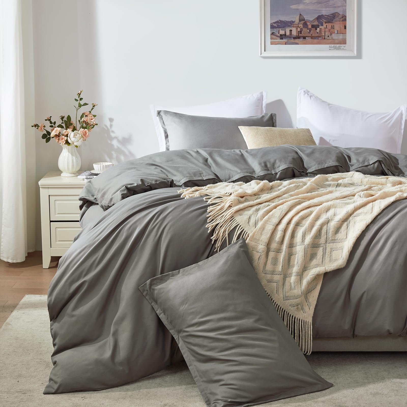 Cosybay Grey Duvet Cover Queen Size- Soft Queen Duvet Cover Set, 3 PCS- 1 Duvet Cover (90”x90”) with Zipper Closure and 2 Pillow Shams- Machine Washable