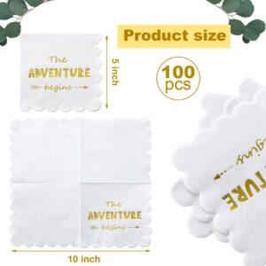 Sayglossy 100 Pcs Baby Shower Napkins the Adventure Begins White Scalloped Gold Foil Paper Napkins for Baby Shower Decorations Disposable Cocktail Napkins for Wedding Graduation Party, 5 x 5 In