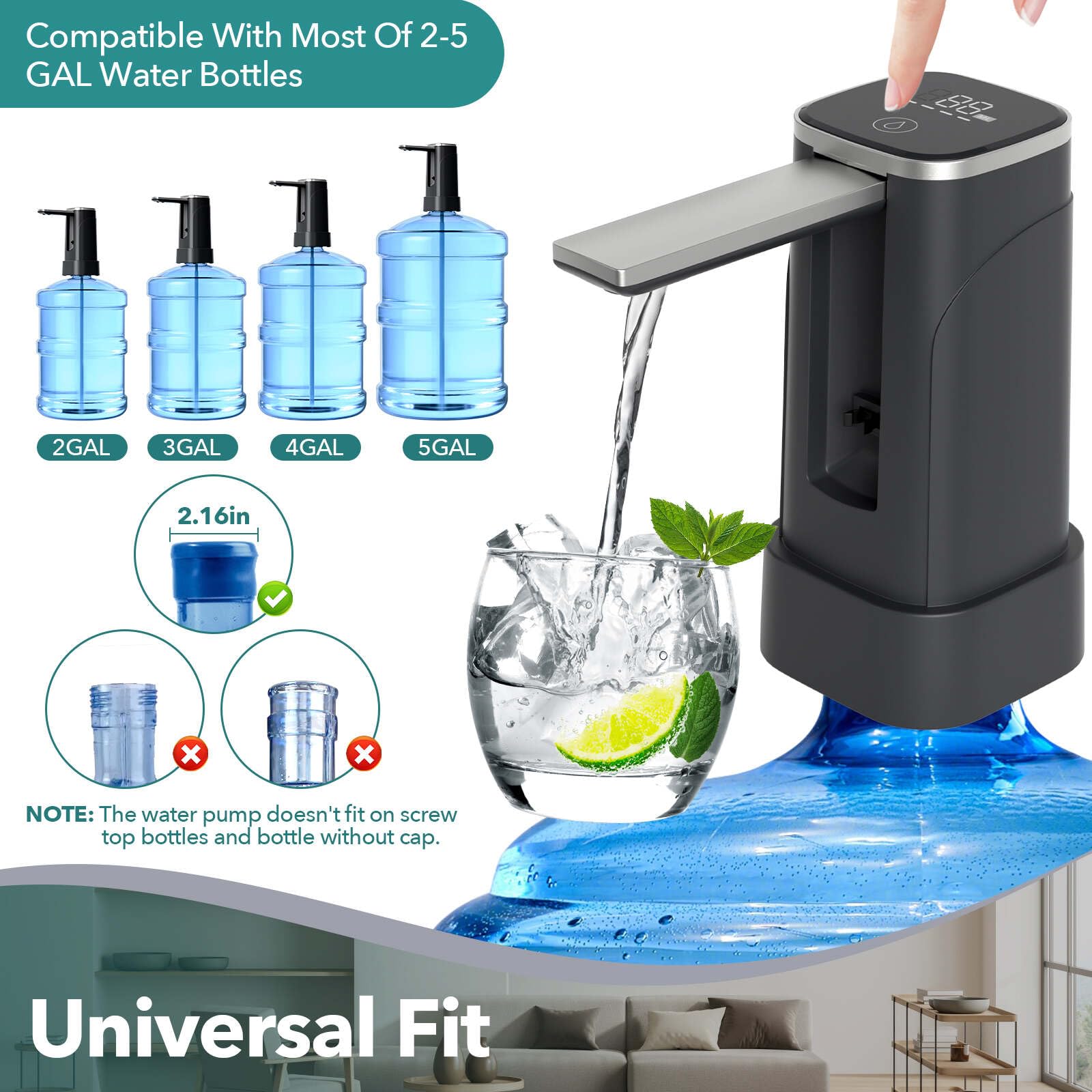 Dual-use Desktop Water Bottle Dispenser and Foldable Automatic Water Dispenser, W/LED Touch Display 5 Gallon Electric Drinking Water Pump,USB Charging Portable Water Dispenser for Home Camping,