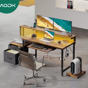 AODK 55" Computer Desk with Fabric File Cabinet and Drawer, Reversible Office Desk with Power Outlet and LED Light, Study Desk with Printer Stand, Keyboard Tray, Monitor Riser and PC Stand, Vintage