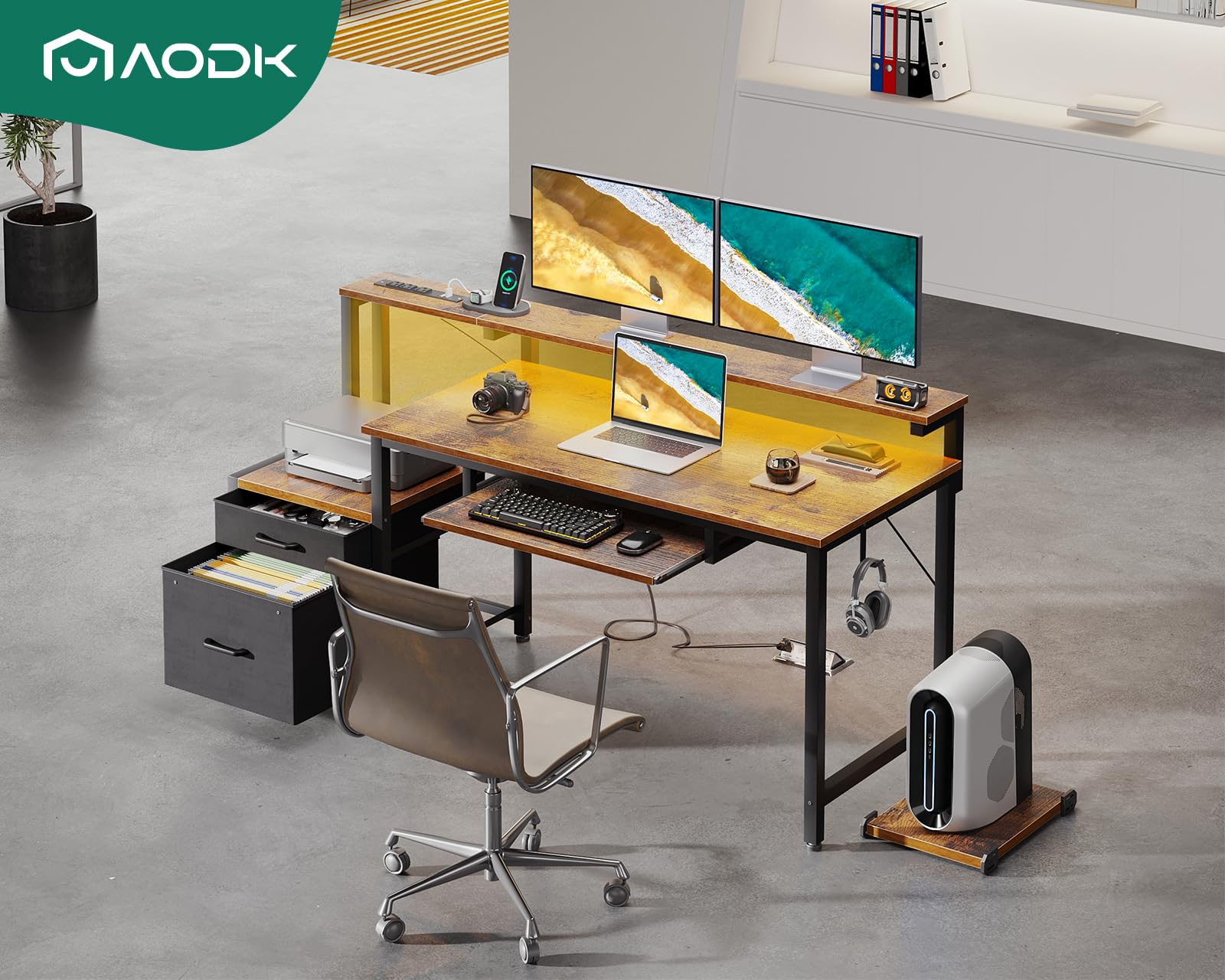 AODK 55" Computer Desk with Fabric File Cabinet and Drawer, Reversible Office Desk with Power Outlet and LED Light, Study Desk with Printer Stand, Keyboard Tray, Monitor Riser and PC Stand, Vintage