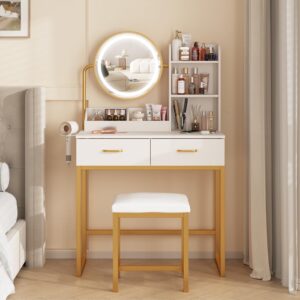 fameill makeup vanity desk with lights and round mirror, white and gold vanity makeup table, small vanity set make up vanity with lots storage, 3 lighting modes, 31.5in(w)… (modern)