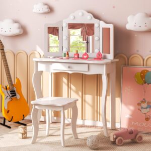 Costzon Kids Vanity, Girls Vanity Set with Mirror and Stool and Lights, Drawer, 2 in 1 Wooden Princess Makeup Desk Dressing Table, Toddler Vanity, Pretend Play Kids Vanity Table and Chair Set (White)