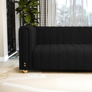 yunqishi 81.3" Modern Black Velvet Couch for Living Room, Upholstered Comfy 3 Seater Office Sofa with High Armrest and Gold Metal Legs (Black 81")