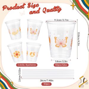 Sliner 50 Pcs Groovy Party Plastic Cups with Straws 12 oz Boho Retro Hippie Disposable Clear Cups Daisy Flower Cold Beverage Drinking Cups for Birthday Wedding Baby Shower Party Decoration Supplies