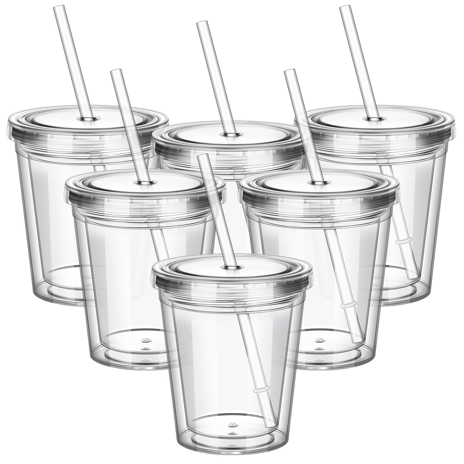 FoldTier 6 Pcs Clear Tumblers with Lid and Straw for Kids 12 oz Insulated Acrylic Double Wall Tumbler Toddlers Reusable Plastic Clear Cup Kids Straw Cup Plastic Kids Tumblers Bulk (Clear Lid)