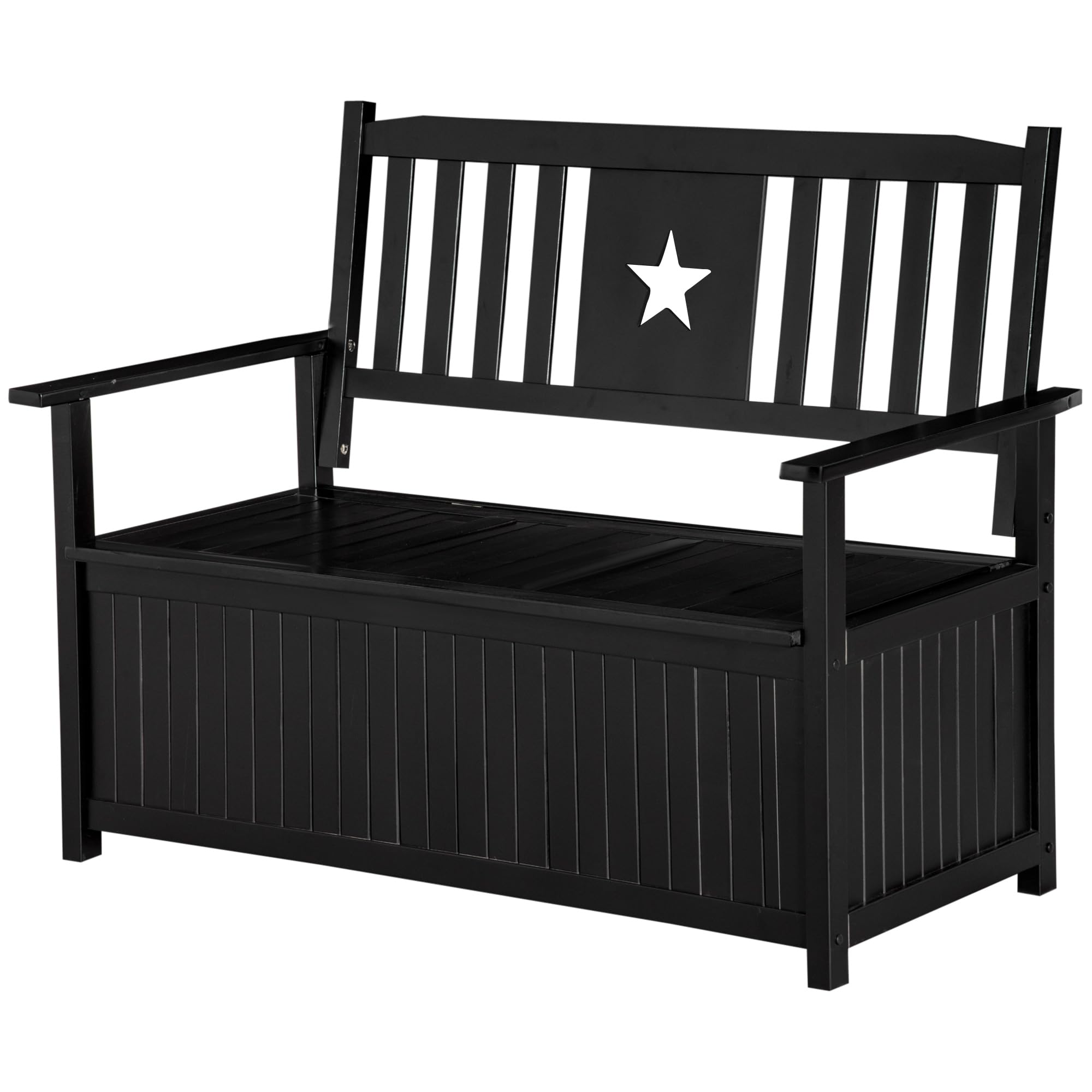 Outsunny Outdoor Wooden Storage Bench Deck Box, Wood Patio Furniture, 43 Gallon Pool Storage Bin Container with Backrest and Armrests, Interior Cloth Bag, Star Motif, Black