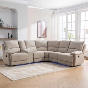 P PURLOVE Reclining Sofa for Living Room, Modern Manual Reclining Furniture Set with USB Ports, Hidden Storage, LED Light Strip and 2 Cup Holders, L-Shaped Velvet Couch for Apartment, Bedroom (Cream)