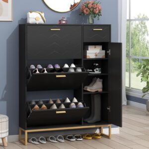 auromie shoe storage cabinet, free standing shoe organizer with 3 flip drawers,modern shoe rack with adjustable side cabinet,entryway narrow shoe storage with door for hallway living room (black plus)