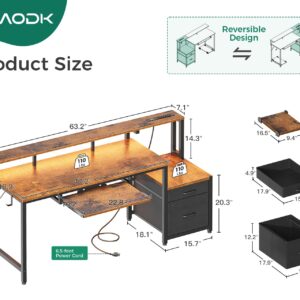 AODK 63-Inch Computer Desk with Power Outlet & LED Light, Reversible Office Desk with File Cabinet and Drawer, Gaming Desk with Keyboard Tray, Study Table with Full Monitor Riser and PC Stand, Vintage