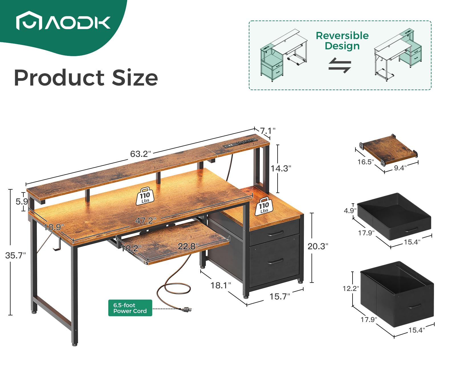 AODK 63-Inch Computer Desk with Power Outlet & LED Light, Reversible Office Desk with File Cabinet and Drawer, Gaming Desk with Keyboard Tray, Study Table with Full Monitor Riser and PC Stand, Vintage