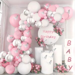 Felice Arts Birthday Baby Shower Balloon Arch Pink and White Different Size Balloons Garland Kit Latex Balloons Silver Chrome Balloons for Wedding Bridal Baby Shower Party Decoration