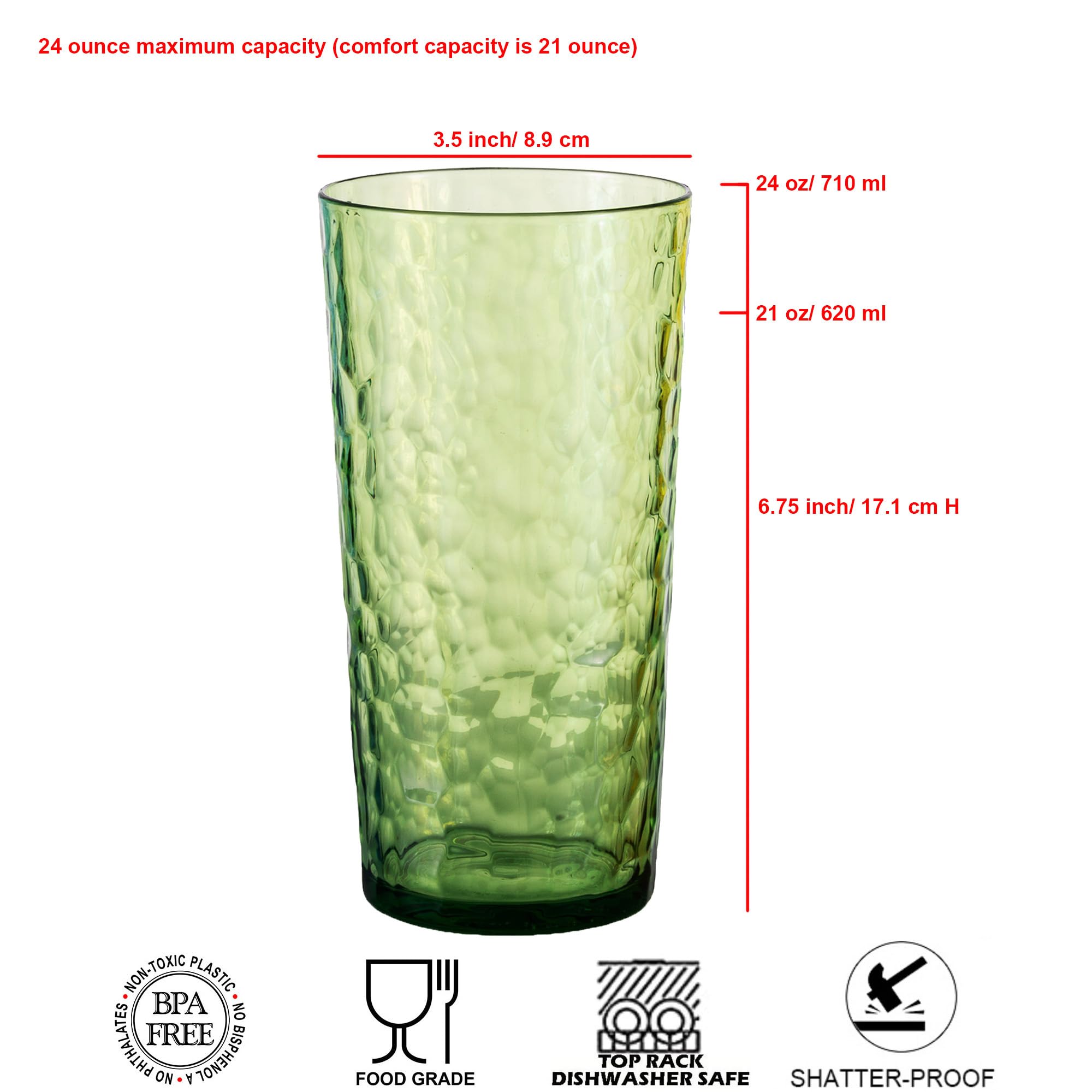 ZAINCA 24-ounce Plastic Tumblers, Acrylic Drinking Glasses High-Balls, Reusable Plastic Cups, set of 8 Green, Hammered Style Stackable, BPA-Free, Shatter-Proof, Dishwasher-Safe