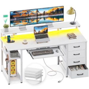 aodk 63 inch computer desk with power outlet and led light, office desk with fabric drawer and keyboard tray, gaming desk with adjustable pc shelf and monitor stand, desk for bedroom with usb, white