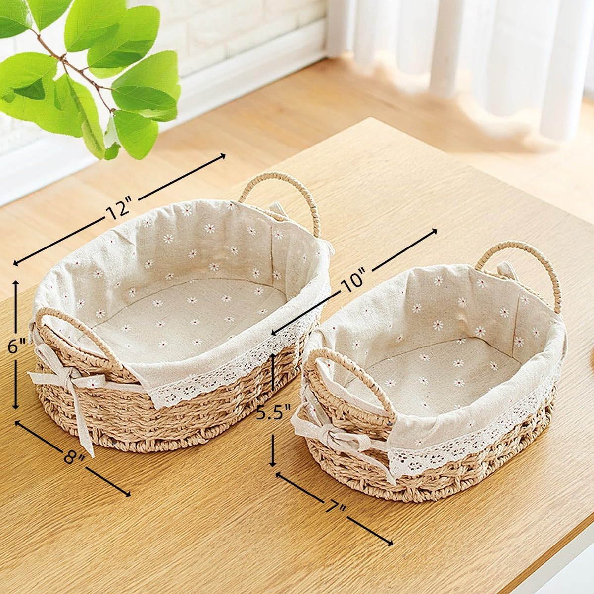 GIB Wicker Storage Baskets for Shelves, Small Wicker Baskets for Organizing, Decorative Natural Paper Rope Woven Serving Baskets Trays with Handle and Liner, Set of 2