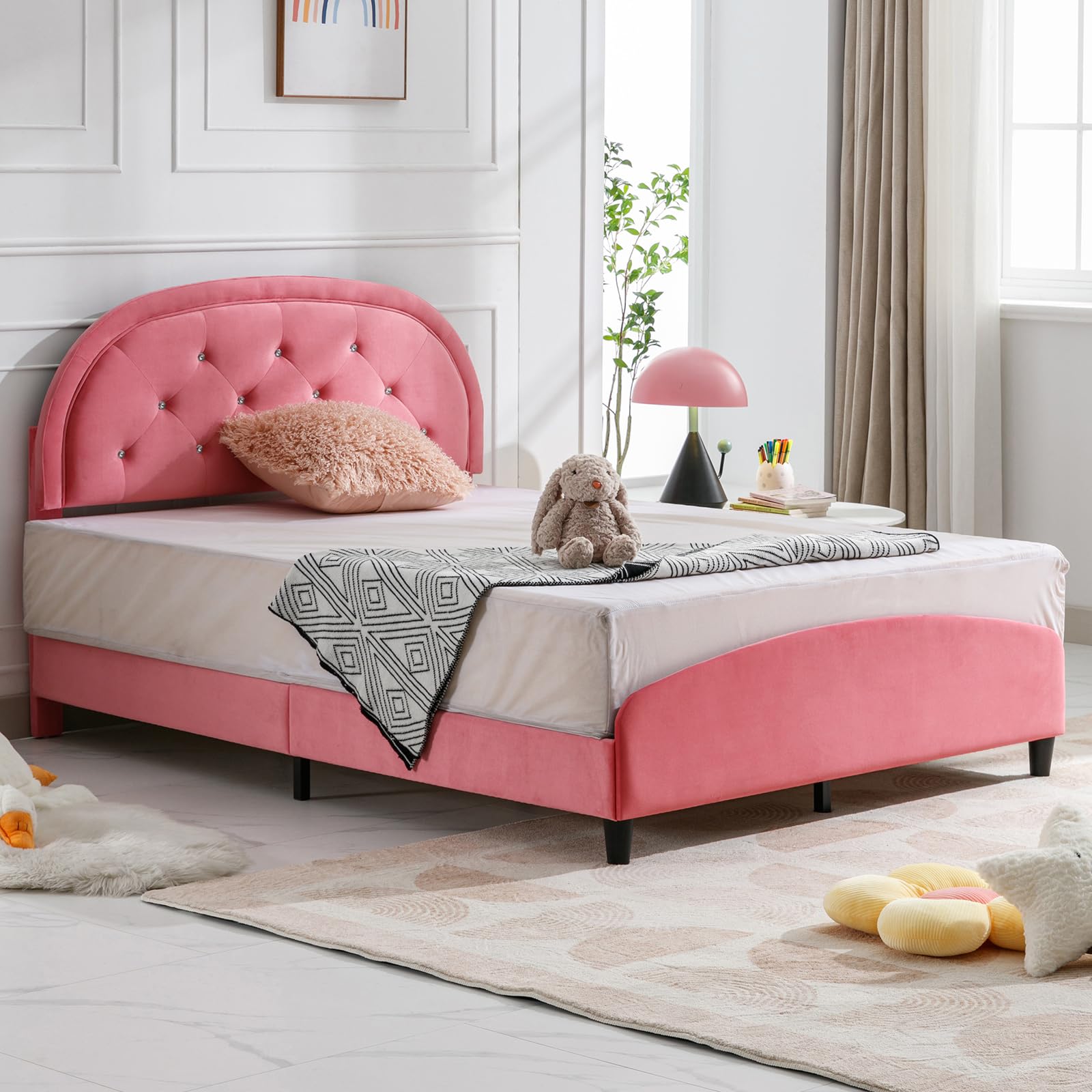 PUREMIND Twin Bed Frame for Kids, Kids Bed with Crystal Tufted Headboard, Princess Bed for Childs, Pink Dutch Velvet, Non-Slip Legs, Solid Wood Slats, Easy Assembly-Crystal Twin