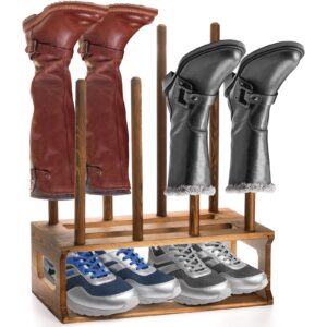 goaste wood boot rack organizer, 4 pairs freestanding wooden boot holder, rustic walk-in-closet entryway shoe storage stand with 8 tall posts for cowboy boot, tall knee-high, riding, rain boots