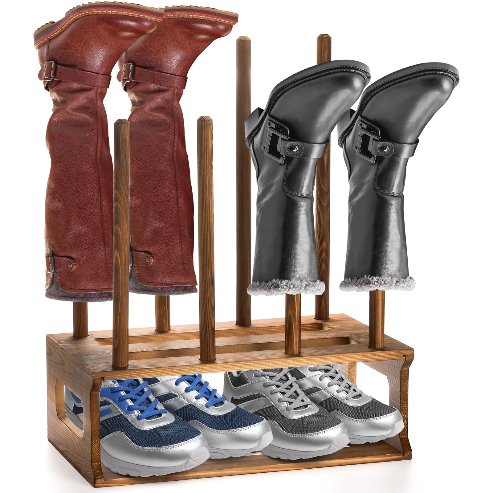 Goaste Wood Boot Rack Organizer, 4 Pairs Freestanding Wooden Boot Holder, Rustic Walk-In-Closet Entryway Shoe Storage Stand with 8 Tall Posts for Cowboy Boot, Tall Knee-High, Riding, Rain Boots