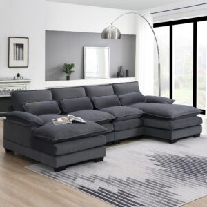 tmsan 109.8" sectional sofa cloud couch for living room, modern u shaped modular sofa with double chaise lounge, large 4 seater chenille sleeper sofa for apartment office (grey)