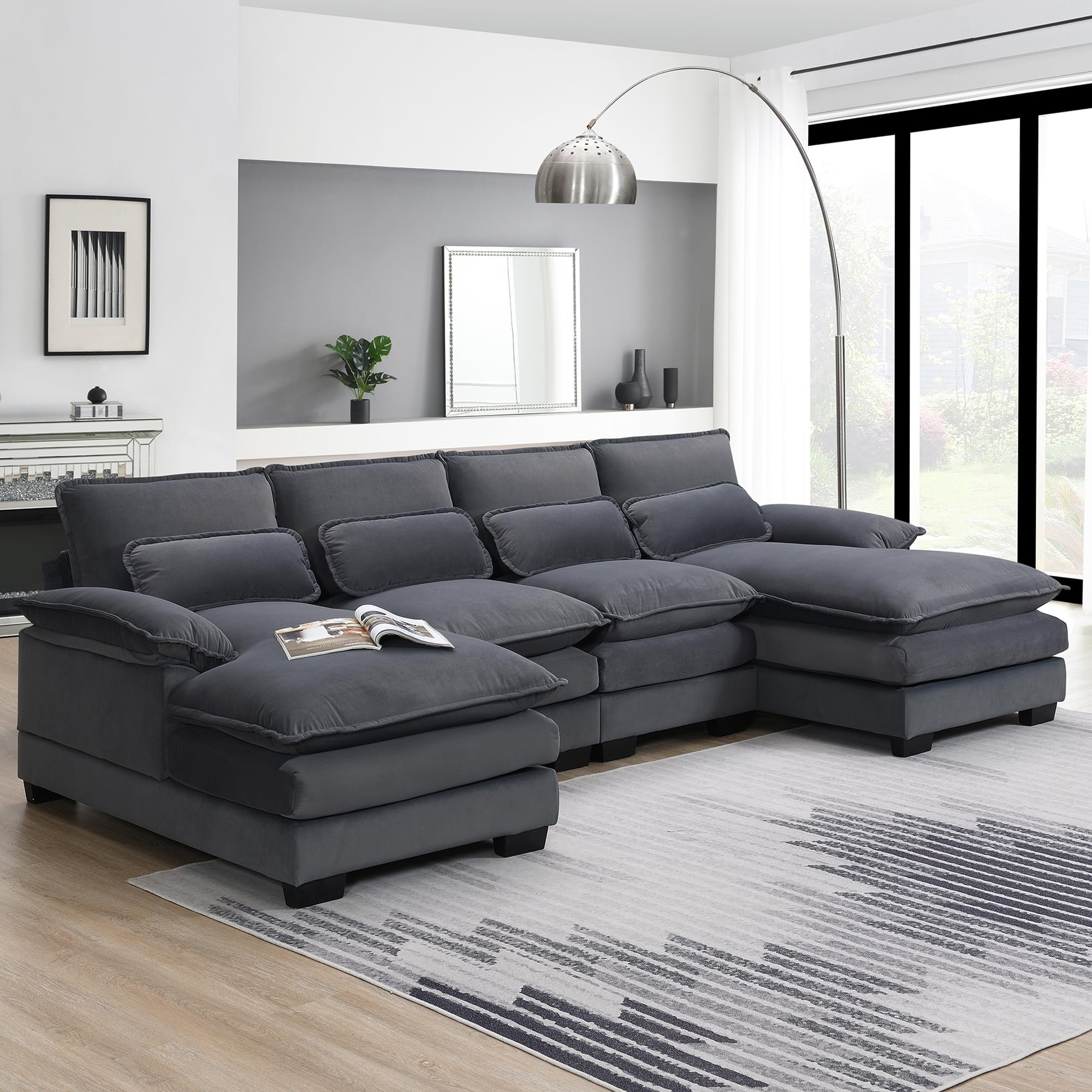 Tmsan 109.8" Sectional Sofa Cloud Couch for Living Room, Modern U Shaped Modular Sofa with Double Chaise Lounge, Large 4 Seater Chenille Sleeper Sofa for Apartment Office (Grey)