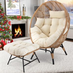 radiata egg chair with footrest outdoor wicker patio egg chairs with ottoman for indoor bedroom outside porch deck backyard garden (beige)