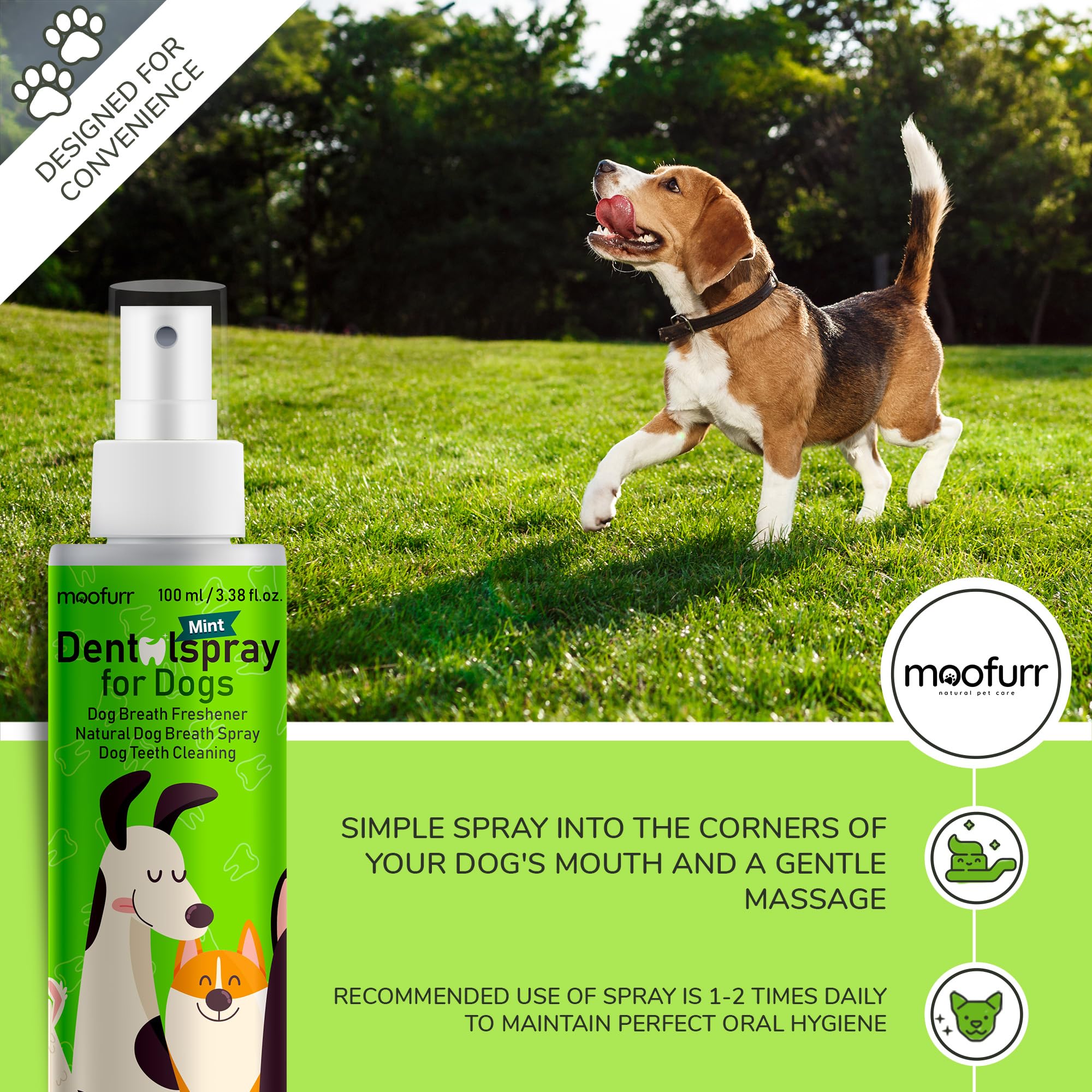 Moofurr Natural Fresh Breath Dental Spray 3.38 fl.oz - Dog Breath Spray I Mint Dog Breath Freshener I Dog Teeth Cleaning