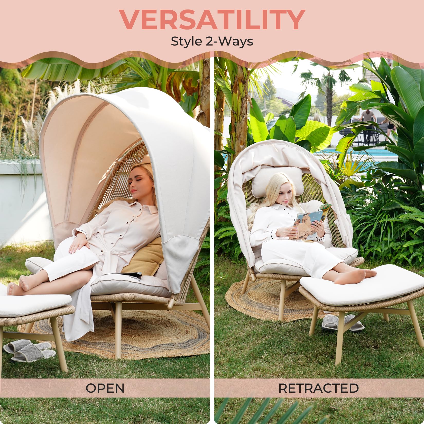 Grand patio Wicker Folding Egg Chair with Ottoman, Open Weave Wicker, 2-Piece Boho Oversize Lounge Chair, Sun Shade for Patio, Garden