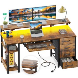 aodk 63 inch computer desk with power outlet and led light, office desk with fabric drawer and keyboard tray, gaming desk with adjustable pc shelf and monitor stand, desk for bedroom with usb, vintage