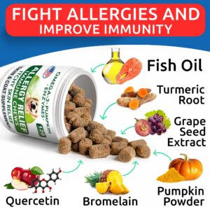 Allergy Relief Chews + Omega 3 for Dogs - Oil Treats for Dog Shedding, Skin Allergy, Itch Relief, Hot Spots Treatment - Joint Health - Skin & Coat Supplement - EPA & DHA Fatty Acids - Salmon & Chicken