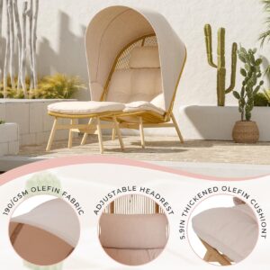 Grand patio Wicker Folding Egg Chair with Ottoman, Open Weave Wicker, 2-Piece Boho Oversize Lounge Chair, Sun Shade for Patio, Garden