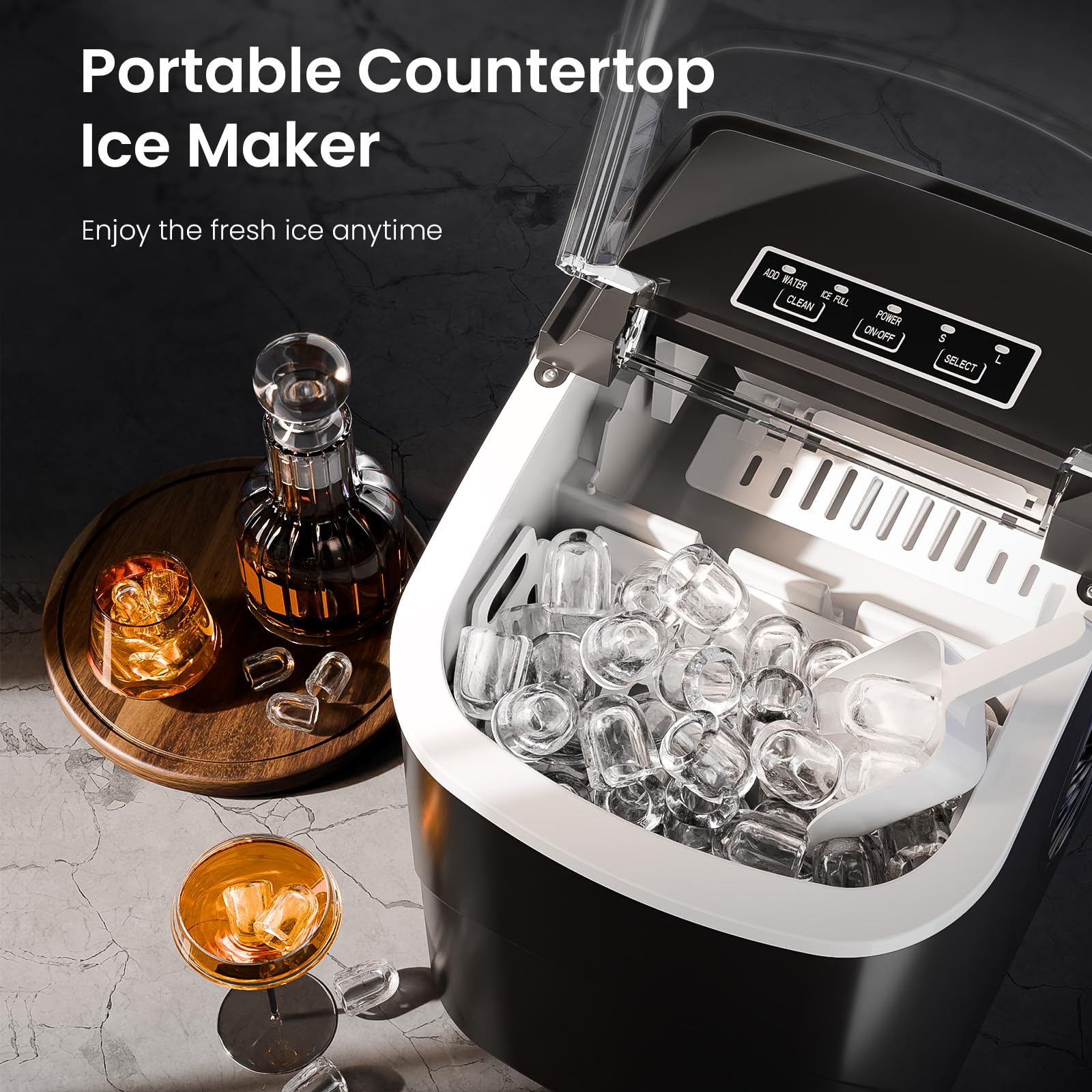 AGLUCKY Ice Makers Countertop with Handle,26.5Lbs/24H,9 Cubes in 6 Mins,2 Sizes of Bullet Ice,Portable Ice Maker Machine with Self-Cleaning,Perfect for Home Kitchen(Black)