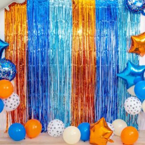 Blue Dog Birthday Party Supplies, Blue Dog Foil Fringe Curtains, 2 Packs Orange Blue & Light Blue Tinsel Metallic Streamers, Photo Booth Props Streamer Backdrop for Blue Dog Theme Party Decoration