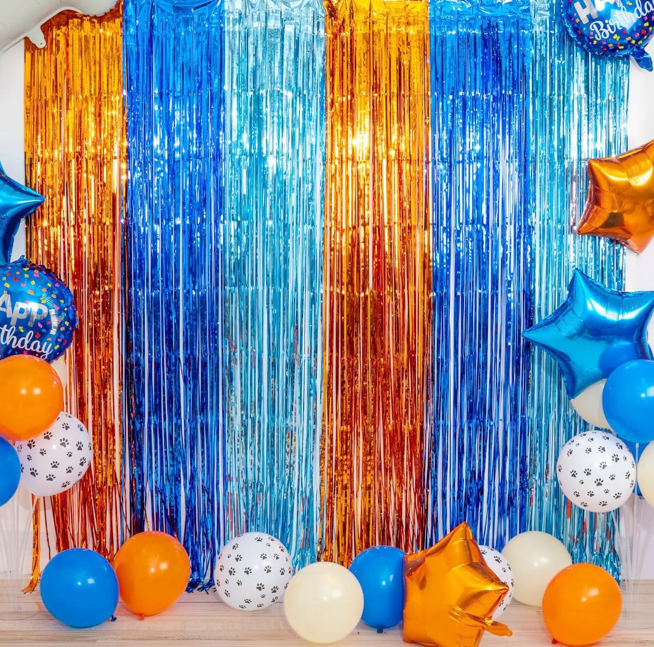 Blue Dog Birthday Party Supplies, Blue Dog Foil Fringe Curtains, 2 Packs Orange Blue & Light Blue Tinsel Metallic Streamers, Photo Booth Props Streamer Backdrop for Blue Dog Theme Party Decoration