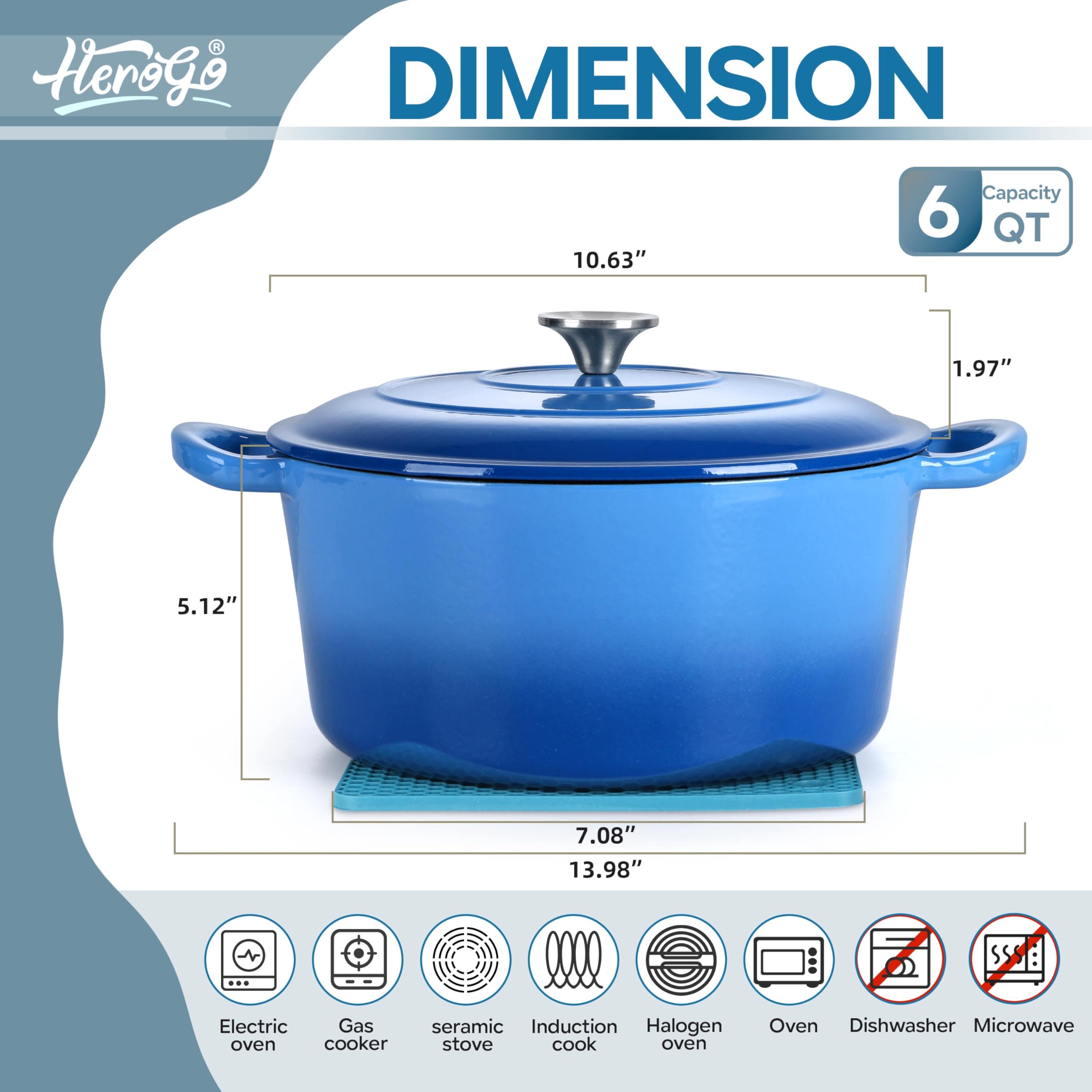 Herogo 6 Quart Enameled Cast Iron Dutch Oven with Lid and Silicone Trivet Mat, Round Dutch Oven Pot Blue with Dual Handles for Bread Baking Stewing Roasting Various Stoves & Oven Safe