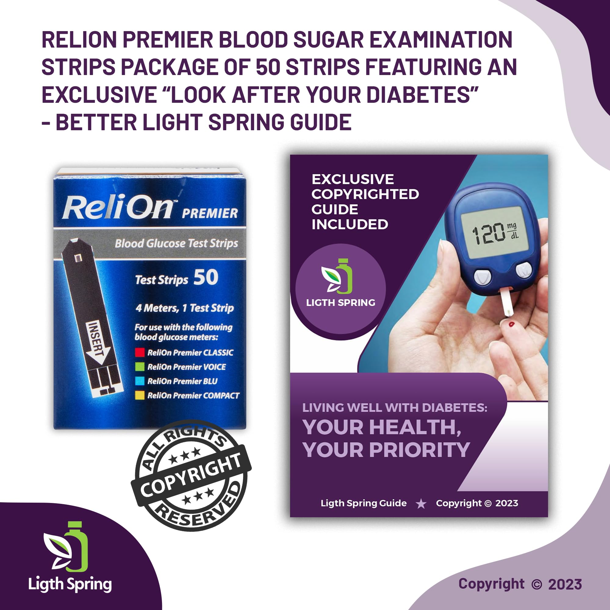 Relion Premier Blood Glucose Test Strips 50ct (3 Pack) Bundle with Exclusive Better Ligth&Spring Guide Living Well with Diabetes - (4 Items)