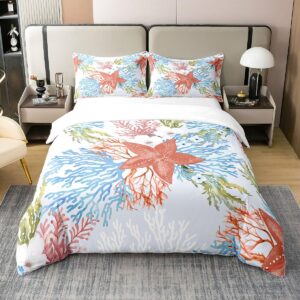 100% cotton watercolor ocean animals duvet cover queen size,colorful starfish underwater flowers coral super soft bedding set,summer seaside camping coastal plants comforter cover bedding 3 piece