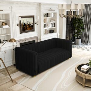 yunqishi 81.3" Modern Black Velvet Couch for Living Room, Upholstered Comfy 3 Seater Office Sofa with High Armrest and Gold Metal Legs (Black 81")