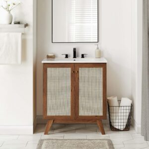 Modway Soma Rattan Weave Bathroom Vanity Cabinet (Sink Basin Not Included), 30 Inch, Walnut