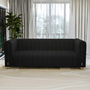 yunqishi 81.3" modern black velvet couch for living room, upholstered comfy 3 seater office sofa with high armrest and gold metal legs (black 81")