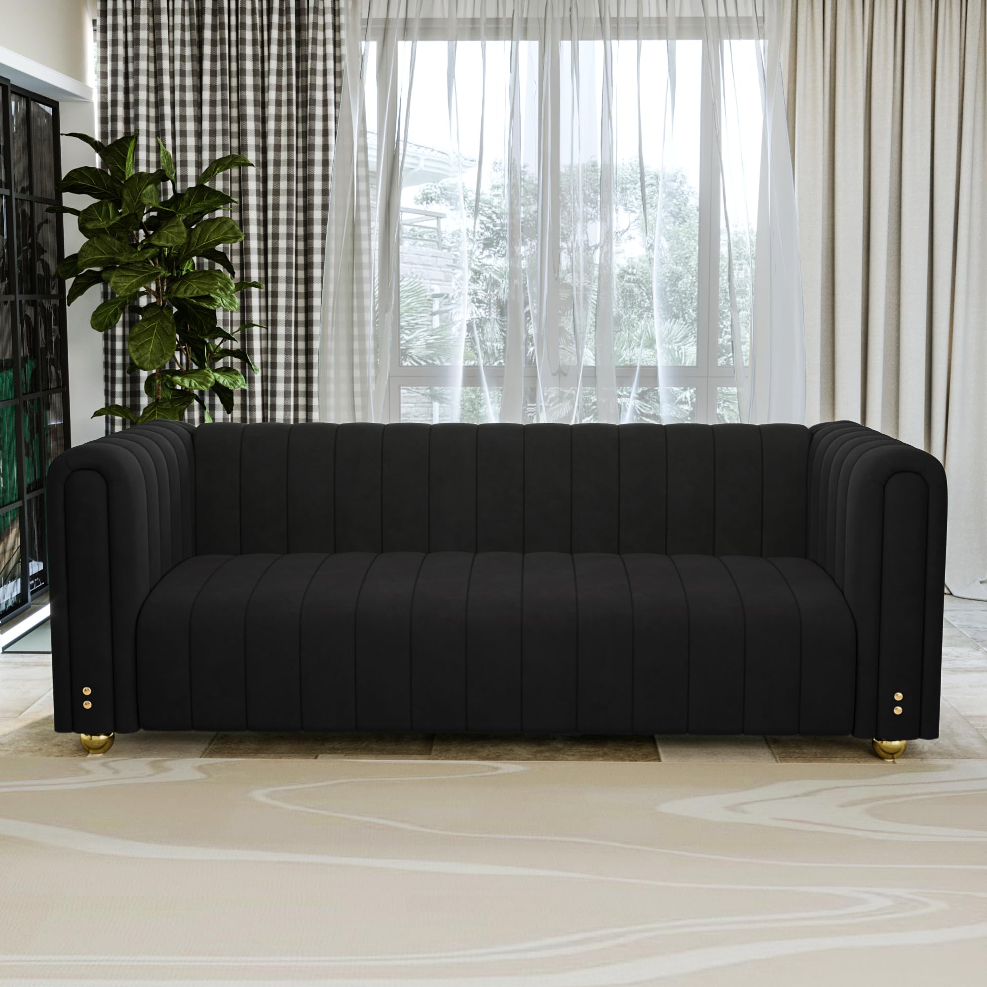 yunqishi 81.3" Modern Black Velvet Couch for Living Room, Upholstered Comfy 3 Seater Office Sofa with High Armrest and Gold Metal Legs (Black 81")