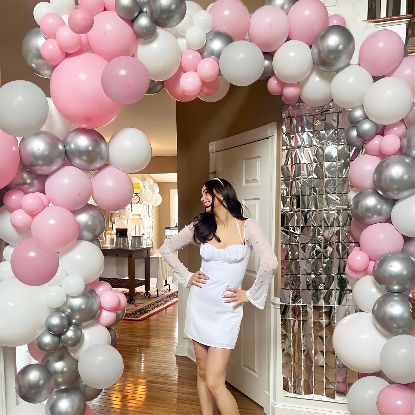 Felice Arts Birthday Baby Shower Balloon Arch Pink and White Different Size Balloons Garland Kit Latex Balloons Silver Chrome Balloons for Wedding Bridal Baby Shower Party Decoration